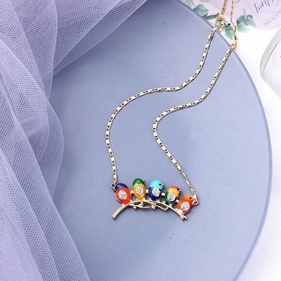 Enamel Bird Flock Crystal Gold Pendant Necklace - Picture 5 of 6